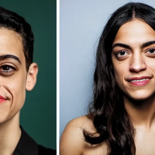 Image similar to Alexandria Ocasio-Cortez mixed with Rami Malek, photograph 4k