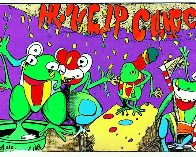 Prompt: The Clown Frog King pulls the lever initiating clown world, confetti bombs and honking ensues, cartoon by Ralph Bakshi