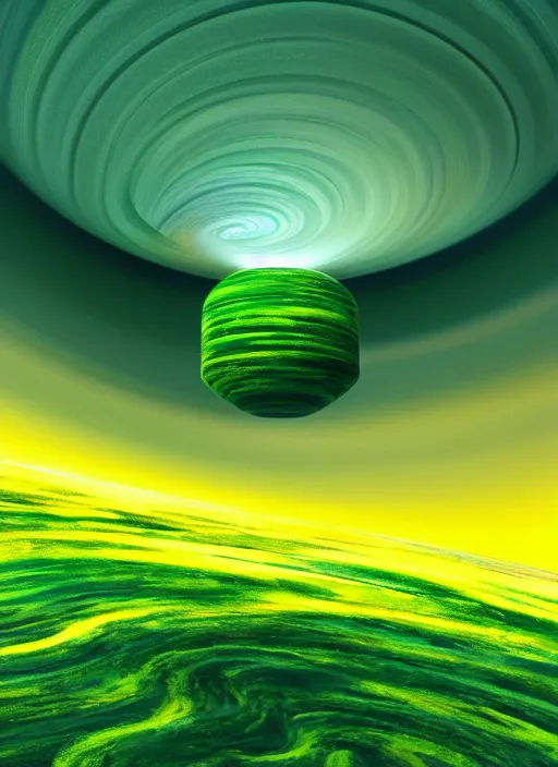 Image similar to a painting of a green and yellow swirl in the middle of a mountain, a computer rendering by mike winkelmann, shutterstock contest winner, nuclear art, tesseract, apocalypse art, concept art