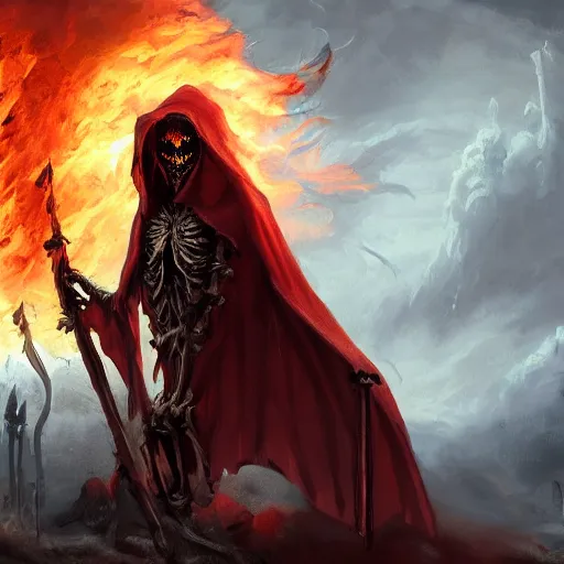 Image similar to a cloaked skeleton demon holding a spear watching a house on fire, firestorm, highly detailed digital art, oil on canvas, trending on Artstation, award-winning