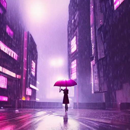 Image similar to ciberpunk city of the future, blade runner style, octane render, digital art, rain, beautiful girl with umbrella wearing a clear raincoat , pink hair, cinematic, 8k, very intricate, 80's, night time,