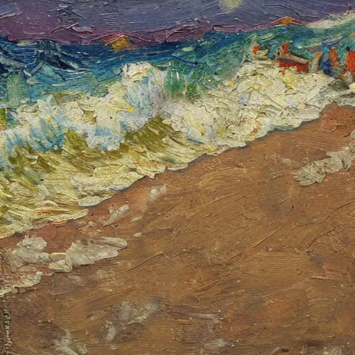 Image similar to oil paint impasto relief, beautiful italian beach scene, rough sea, multi layered thick brush marks, some splattered paint, in the style of ivan shishkin and frank auerbach and van gogh and signac