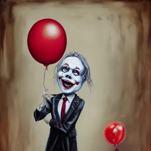 Image similar to grunge painting of donald trump with a wide smile and a red balloon by chris leib, loony toons style, pennywise style, corpse bride style, horror theme, detailed, elegant, intricate