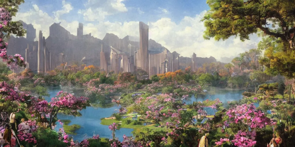 Image similar to establishing matte painting of a utopian city designed by frank lloyd wright in spring, flowers, trees, lake