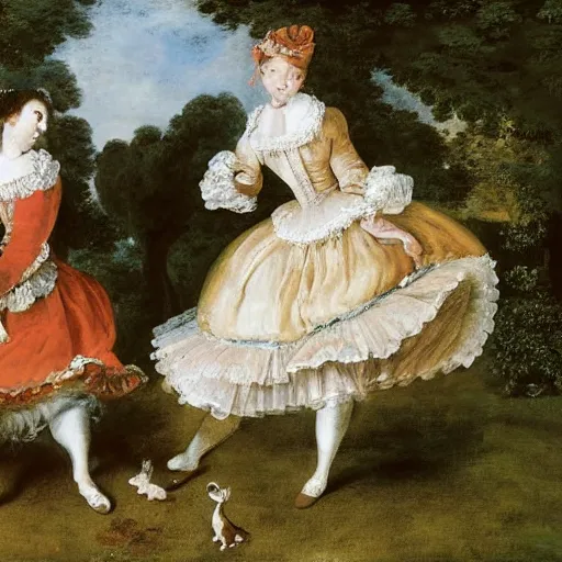 Prompt: oil painting by watteau of two corgis dancing in a formal garden.