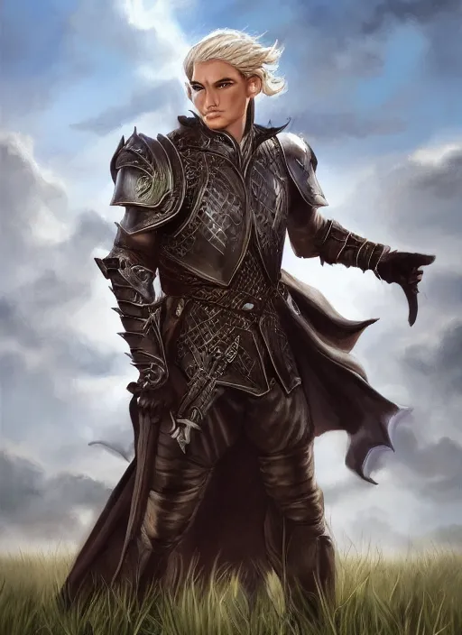 Image similar to A fantasy portrait painting of a male elf wearing leather armor on a beautiful meadow, DAZ, hyperrealistic, ambient light, dynamic light, trending on artstation, d&d, RPG portrait