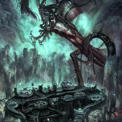 Image similar to phyrexian dreadnought borg queen xenomorph hybrid with protomolecule vesicles being possessed by the machine spirit artists tram pararam and doctor seuss with joan semmel and hr giger pastel high contrast cinematic light, mystical shadows, sharp focus, warhammer fourty k, octane render