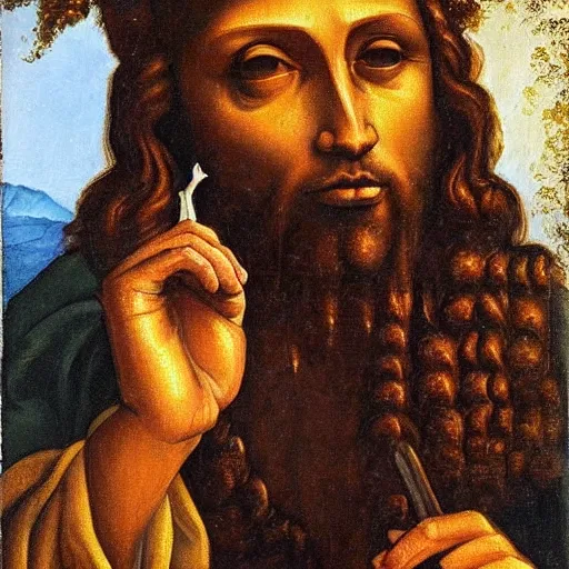 Image similar to an impasto oild painting of jesus smoking a cannabis joint painted by leonadro da vinci, rennaissance painting, high detailed oil painting, masterpiece, artstation