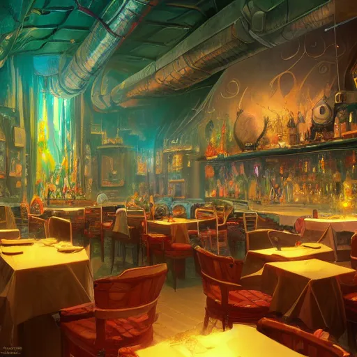 Image similar to The restaurant at the end of the universe, fantasy, vivid colors, elegant, concept art, sharp focus, digital art, Hyper-realistic, 4K, Unreal Engine, Highly Detailed, HD, Dramatic Lighting by Brom, trending on Artstation