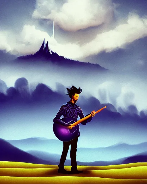 Image similar to A figure of a man with a guitar obscured by clouds and mist. The clouds look like mountains high in the sky, the clouds are a deep blue purple color with the sun blazing behind the clouds, deep focus, D&D, fantasy, intricate, elegant, highly detailed, digital painting, artstation, concept art, matte, sharp focus, illustration, hearthstone, art by Artgerm and Greg Rutkowski and Alphonse Mucha