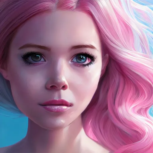 Image similar to belle delphine with pastel pink hair and shiny brown eyes, elegant, ultra highly detailed, digital painting, smooth, sharp focus, artstation, art by Ilya Kuvshinov