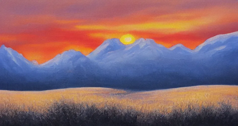 Image similar to landscape painting of snowy mountains at sunset, beautiful painting, oil on canvas, golden hour, by Ewa Czarniecka, award winning masterpiece,