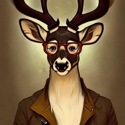 Image similar to anthropomorphic nerdy deer. Renowned character illustration by greg rutkowski, thomas kindkade, alphonse mucha, loish, norman rockwell. Trending on FurAffinity.