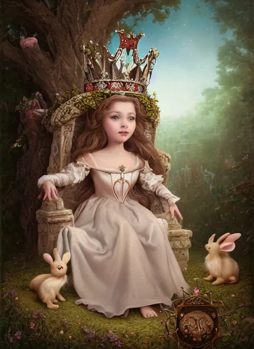 Image similar to highly detailed closeup portrait of a fairytale medieval princess wearing a crown and sitting on a throne, surrounded by cute bunnies, unreal engine, nicoletta ceccoli, mark ryden, earl norem, lostfish, global illumination, god rays, detailed and intricate environment