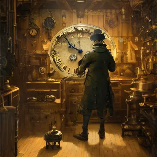 Image similar to an old watchmaker repairing an old pocket watch in a dark store, steampunk, painted by fenghua zhong and ruan jia and jeremy lipking and peter mohrbacher, mystical colors, rim light, beautiful lighting, 8 k, stunning scene, raytracing, octane, trending on artstation