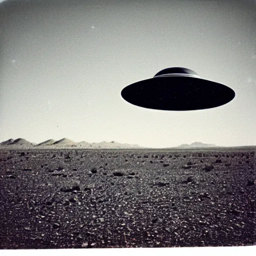 Image similar to a polaroid photograph of a flying saucer in the desert