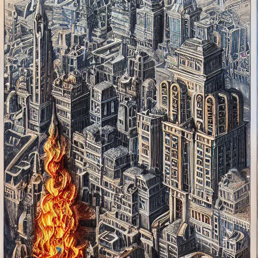 Prompt: a city on fire, tall buildings, extreme detail, abstract realism, highly ornate intricate details, 1 9 2 0's colored pencil, 4 k, cinematic lighting,