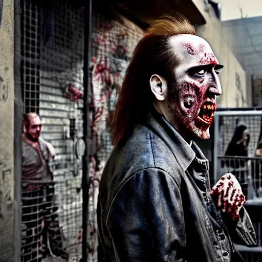 Prompt: uhd candid photo of zombie nicholas cage ranting maniacally on skid row. correct face, intricate details, hyperdetailed, accurate face. photo by annie leibowitz