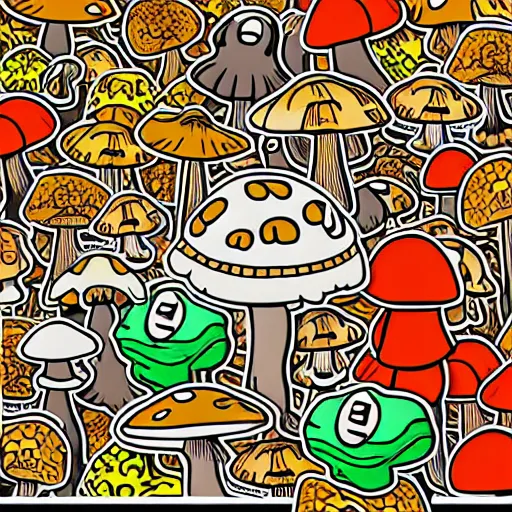 Prompt: Spencers Shroomery sticker. Mushroom theme, 1970s style, by Aaron Draplin