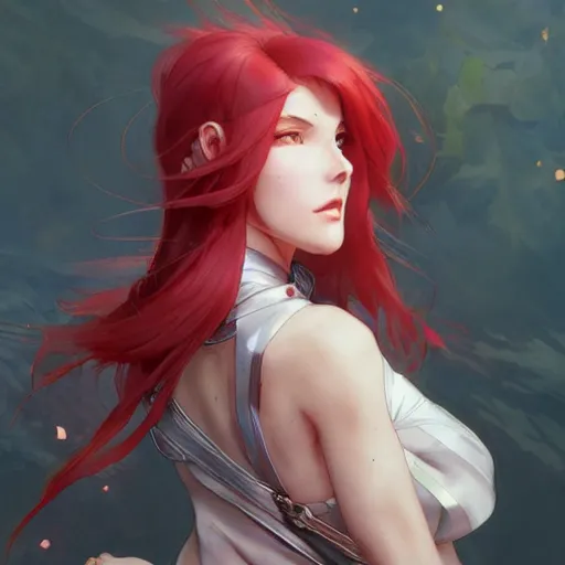 Prompt: a cool red - bun - haired anime girl. she is dressed as a superhero. clean elegant painting, beautiful detailed face. by artgerm and greg rutkowski and alphonse mucha, seoul, south korea, trending on artstation