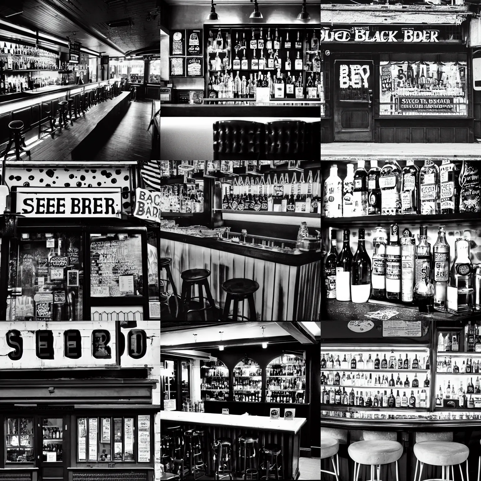 Prompt: a black and white photo of a sleezy bar