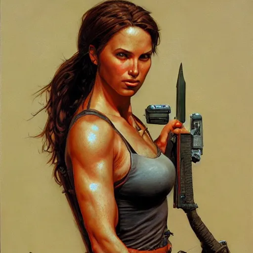 Prompt: portrait of lara croft, by donato giancola, alex ross, howard david johnson, and norman rockwell.