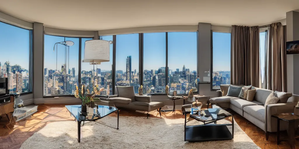 Image similar to cinematic film still of a fancy apartment living room with a stunning view 4k, fish-eye lens