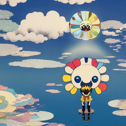 Image similar to a man walking on clouds above kyoto by takashi murakami, beeple and james jean, aya takano color style, 4 k, super detailed