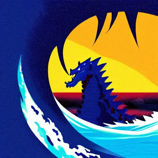 Image similar to a blue water wave in the silhouette shape of Godzilla, cartoon drawing