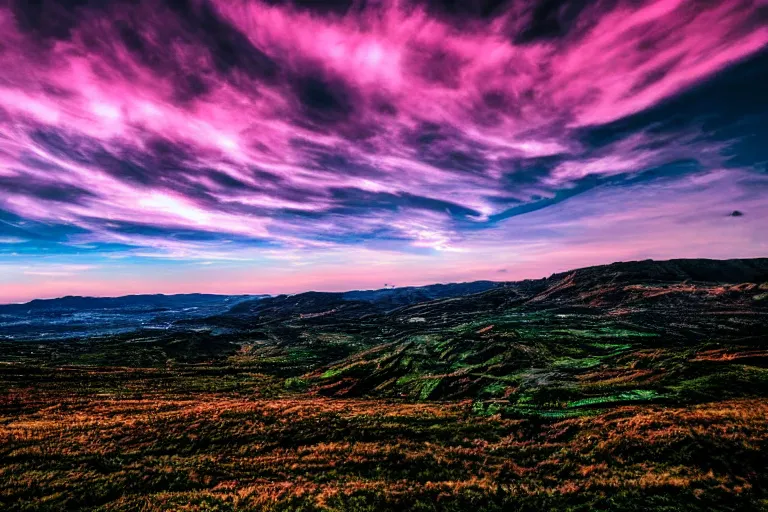 Prompt: Under a technicolor sky, landscape 4k, photography, high fidelty