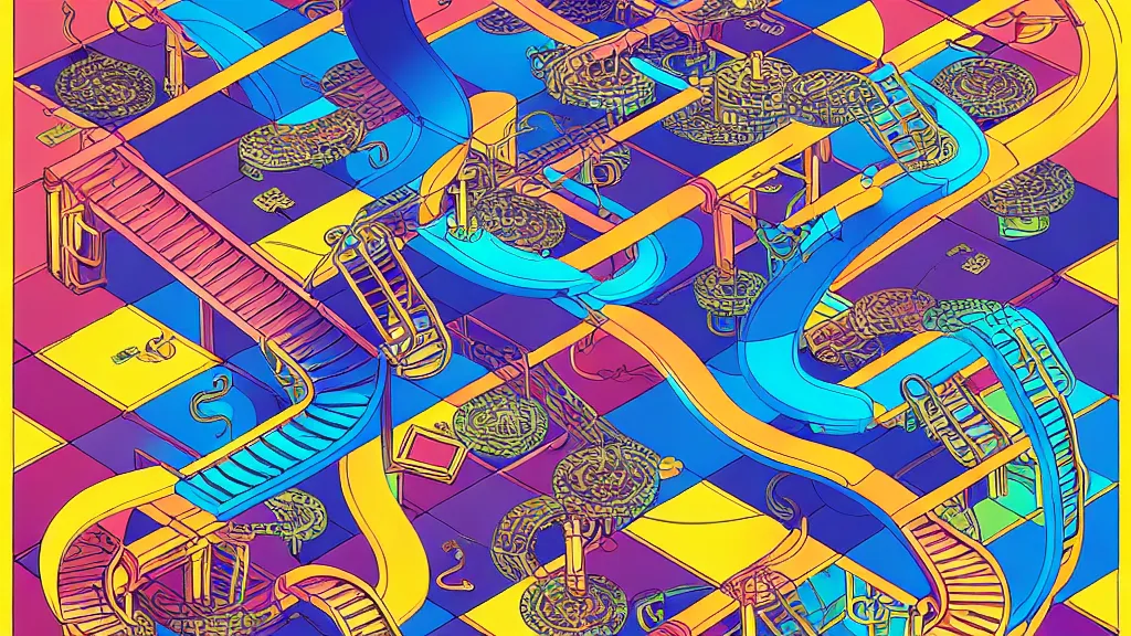 Prompt: chutes and ladders abstraction, centered award winning ink pen illustration, isometric abstract illustration by dan mumford, edited by craola, technical drawing by beeple and tooth wu, tiny details by artgerm and watercolor girl, symmetrically isometrically centered