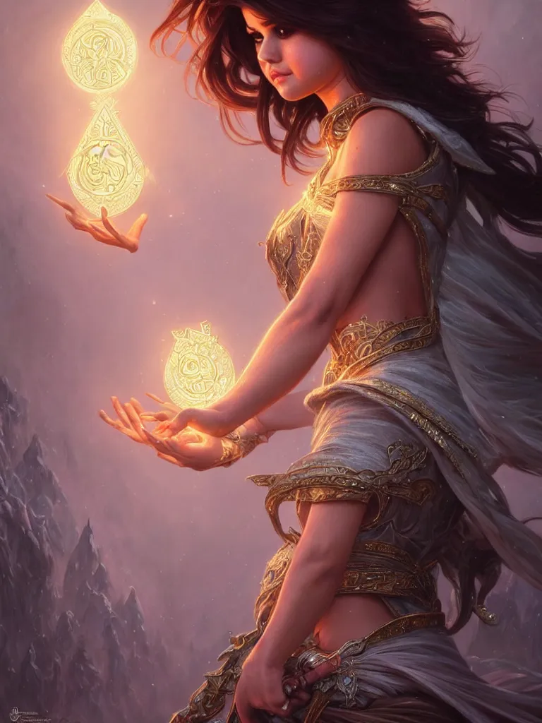 Image similar to Selena Gomez casting an frost spell, D&D, fantasy, intricate, elegant, highly detailed, digital painting, artstation, concept art, matte, sharp focus, illustration, hearthstone, art by Artgerm and Greg Rutkowski and Alphonse Mucha