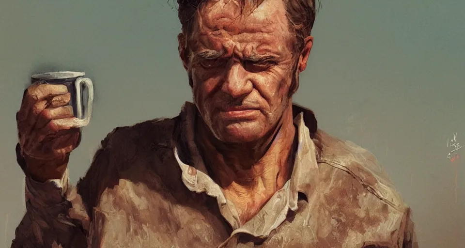 Prompt: a portrait of a man who sells me canteens warning me of the desert, artstation, cgsociety