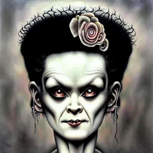 Image similar to realistic airbrush art bride of frankenstein in the style of nicoletta ceccoli, mark ryden, lostfish, earl norem, surrealism, dark art by james jean, takato yamamoto