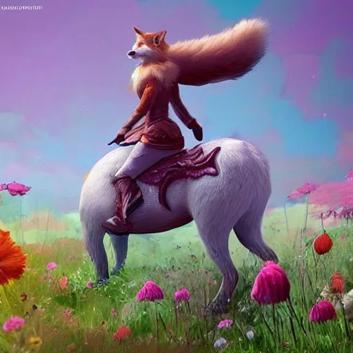 Image similar to girl riding a giant fox in a field of flowers, trending on artstation