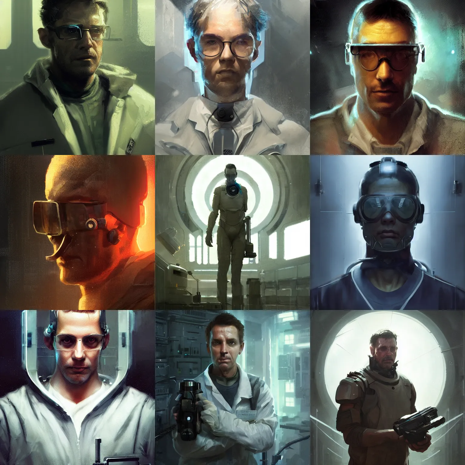 Prompt: a laboratory operator man with dystopian scifi gear, scifi character portrait by greg rutkowski, craig mullins, cinematic lighting, cybernetic enhancement