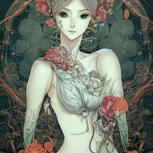 Image similar to the portrait of an absurdly beautiful, graceful, elegant, and sophisticated mature anime woman made of garlic bulbs, an ultrafine detailed illustration by james jean, intricate linework, bright colors, final fantasy, behance contest winner, vanitas, angular, altermodern, unreal engine 5 highly rendered, global illumination, radiant light, detailed and intricate environment