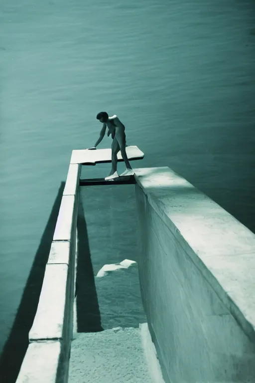 Prompt: mid distance photo of seth dusky standing on the diving board, 3 5 mm, highly detailed, color photo, cinematic lighting