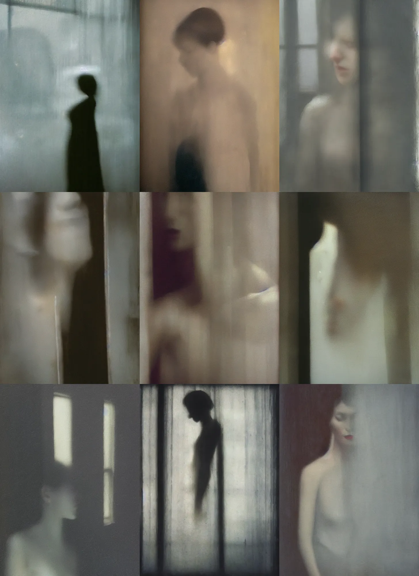 Prompt: out of focus photorealistic woman at the windows by sarah moon, very blurry, translucent white skin, closed eyes, foggy