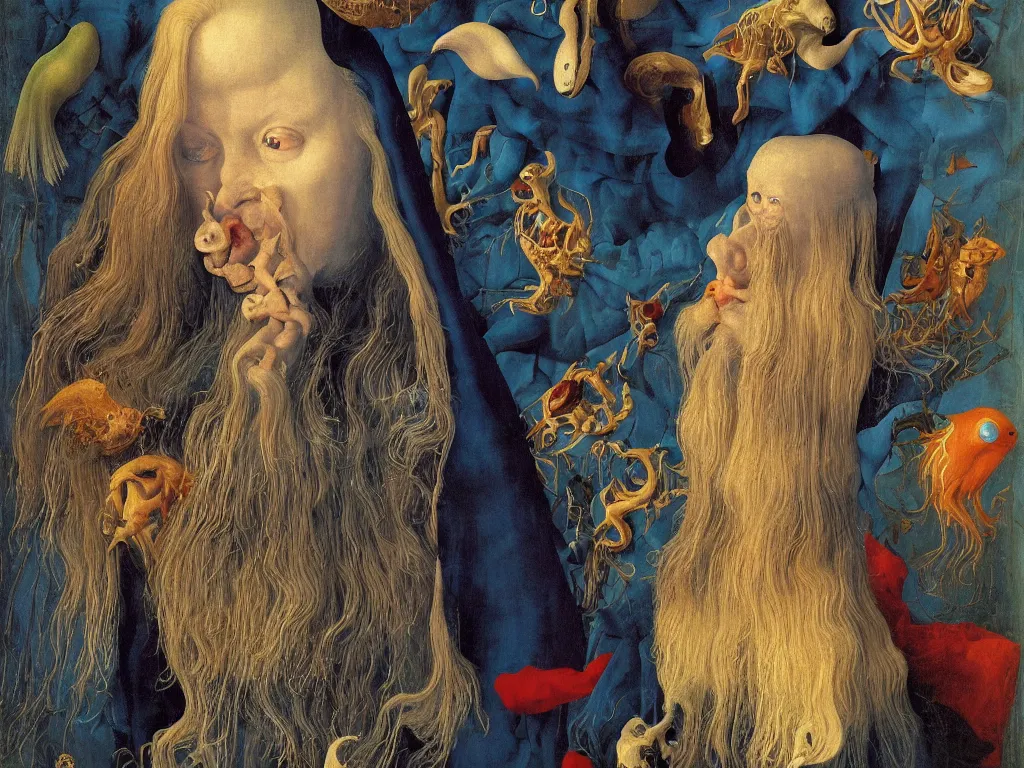 Image similar to Portrait of albino mystic with blue eyes, with exotic beautiful metamorphosing, glowing cuttlefish. Painting by Jan van Eyck, Audubon, Rene Magritte, Agnes Pelton, Max Ernst, Walton Ford