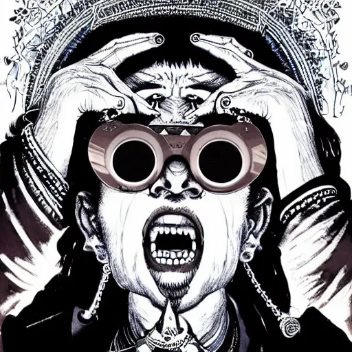 Prompt: portrait of crazy indian sadhu screaming with round digital sunglasses as vampire, symmetrical, by yoichi hatakenaka, masamune shirow, josan gonzales and dan mumford, ayami kojima, takato yamamoto, barclay shaw, karol bak, yukito kishiro