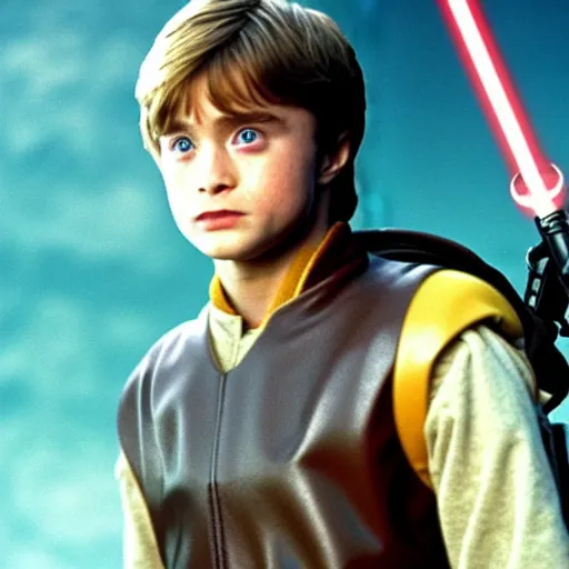 Prompt: film still of Daniel Radcliffe as Luke Skywalker in Star Wars 1977