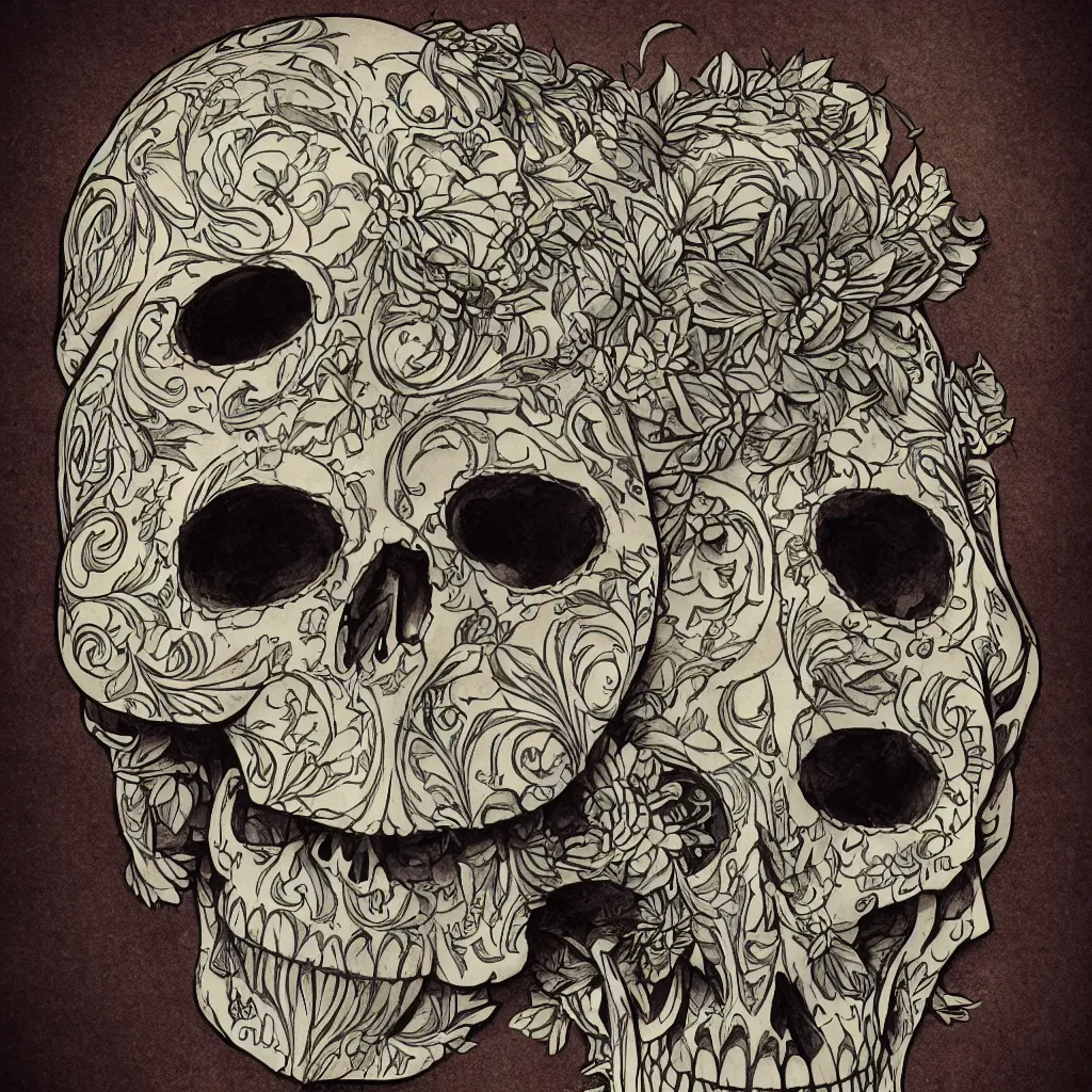 Prompt: art nouveau day of the dead skull, octane render