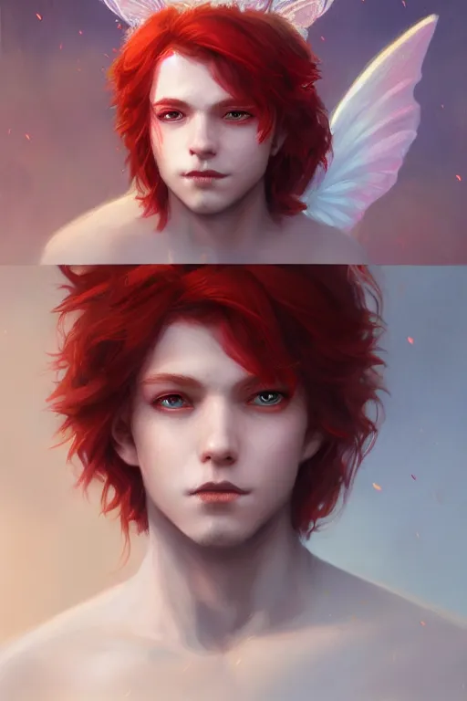 Image similar to young fairy prince, red hair, white eyes, highly detailed, d & d, fantasy, highly detailed, digital painting, trending on artstation, concept art, sharp focus, illustration, art by artgerm and greg rutkowski and fuji choko and viktoria gavrilenko and hoang lap