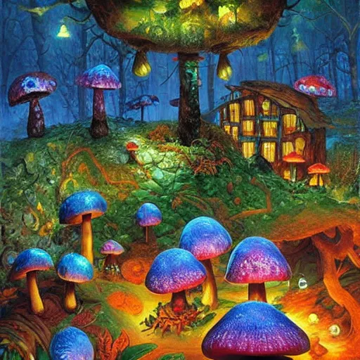 Prompt: mushroom village located deep in a forest, bioluminescent, art by james christensen, rob gonsalves, paul lehr, leonid afremov and tim white