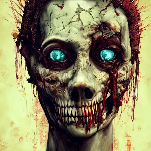 Prompt: horrifying decaying zombie, maximalist, high detail, 8 k, ornate, dark fantasy, realistic, masterpiece, trending on art station, complex, wlop