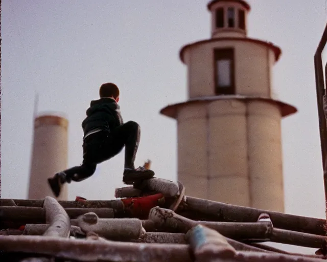 Image similar to lomo photo of roofjumpers climbing on roof of soviet hrushevka, small town, cinestill, bokeh, out of focus