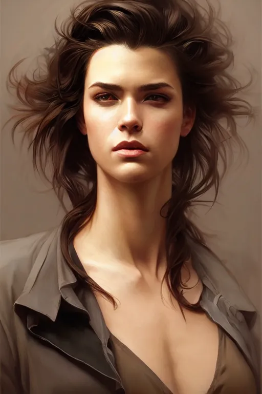 Prompt: photorealistic portrait of a young butch professional woman, handsome, female, masculine, upper body, fantasy, fierce, sharp features, intricate, elegant, highly detailed, digital painting, artstation, concept art, matte, sharp focus, illustration, art by artgerm and greg rutkowski and alphonse mucha