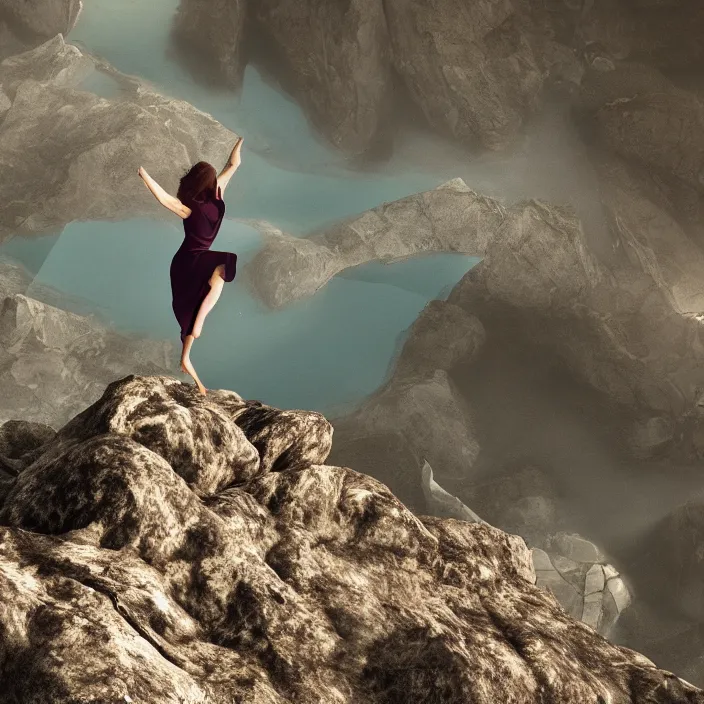 Image similar to a woman dancing on top of a very high surreal building on top of the mountains, nature, plants, fire, rocks, water, bark, hyper realism, high detail, octane render, 8k, chrome accents