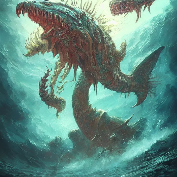 Image similar to sea monster under the ocean d & d, d & d style, trending on artstation, intricate, highly detailed, vivid painting, colorful, art by greg rutkowski